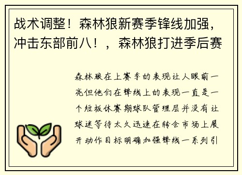 战术调整！森林狼新赛季锋线加强，冲击东部前八！，森林狼打进季后赛