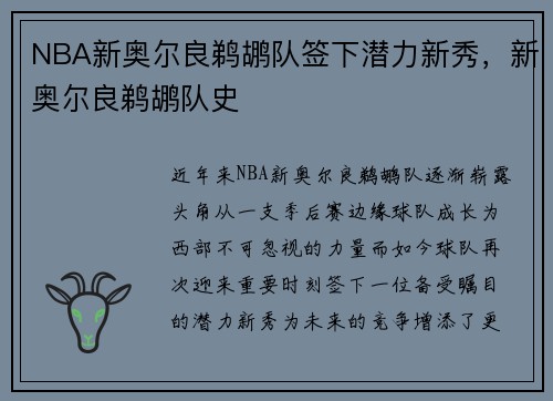 NBA新奥尔良鹈鹕队签下潜力新秀，新奥尔良鹈鹕队史