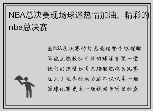 NBA总决赛现场球迷热情加油，精彩的nba总决赛