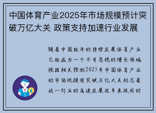 中国体育产业2025年市场规模预计突破万亿大关 政策支持加速行业发展
