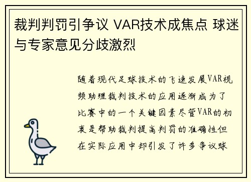 裁判判罚引争议 VAR技术成焦点 球迷与专家意见分歧激烈